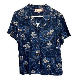 Caribbean Joe Youth Navy Blue Tropical Print Button-Up Shirt Medium 100% Rayon.